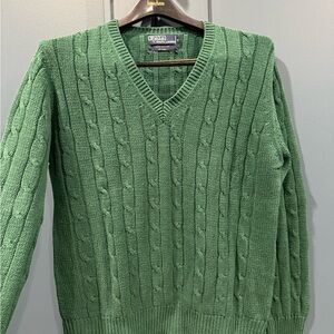 Ralph Lauren V-Neck Green Cable Knit Sweater